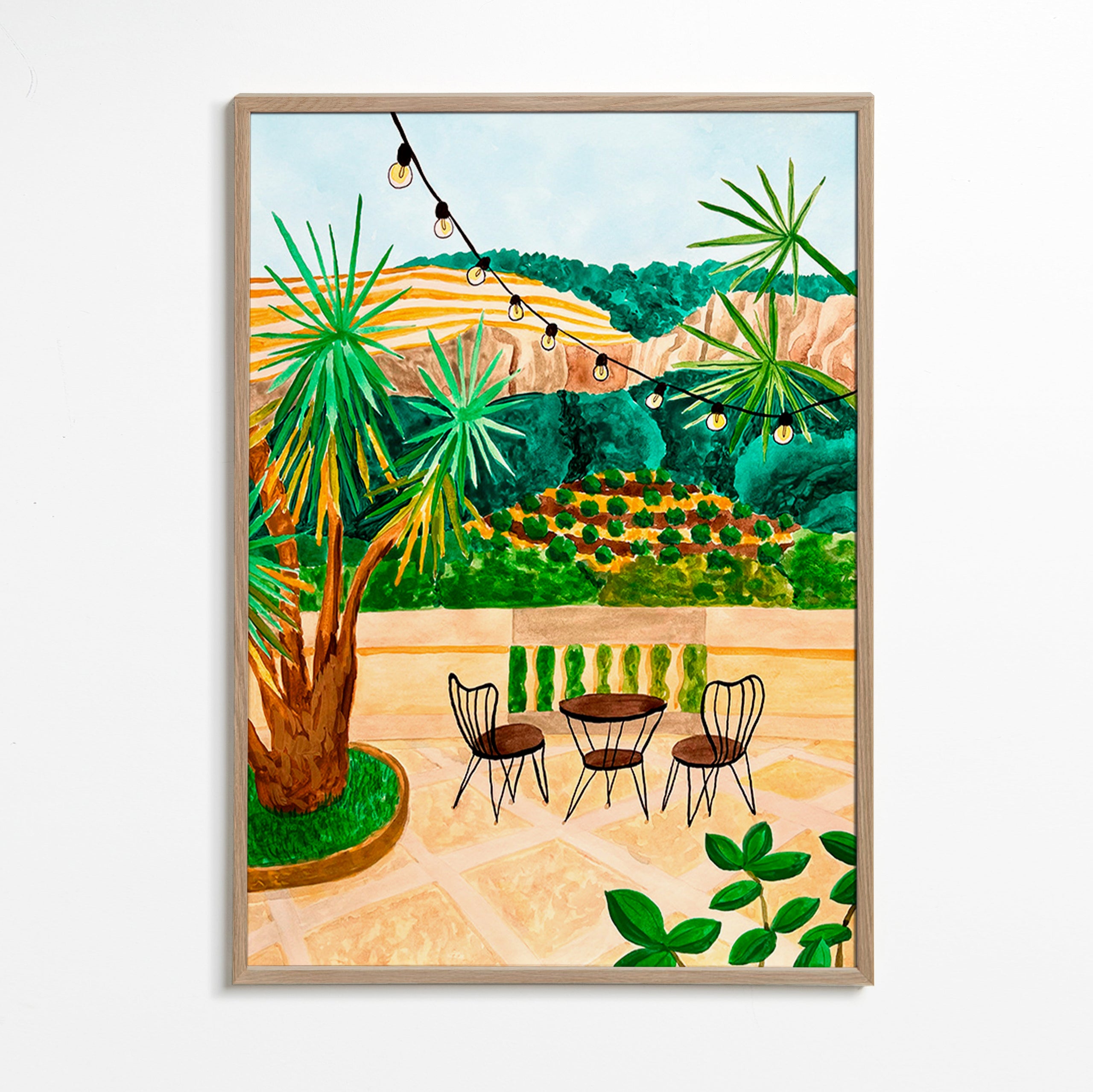 Lámina botánica: terraza mediterránea con palmeras – Oak Frame