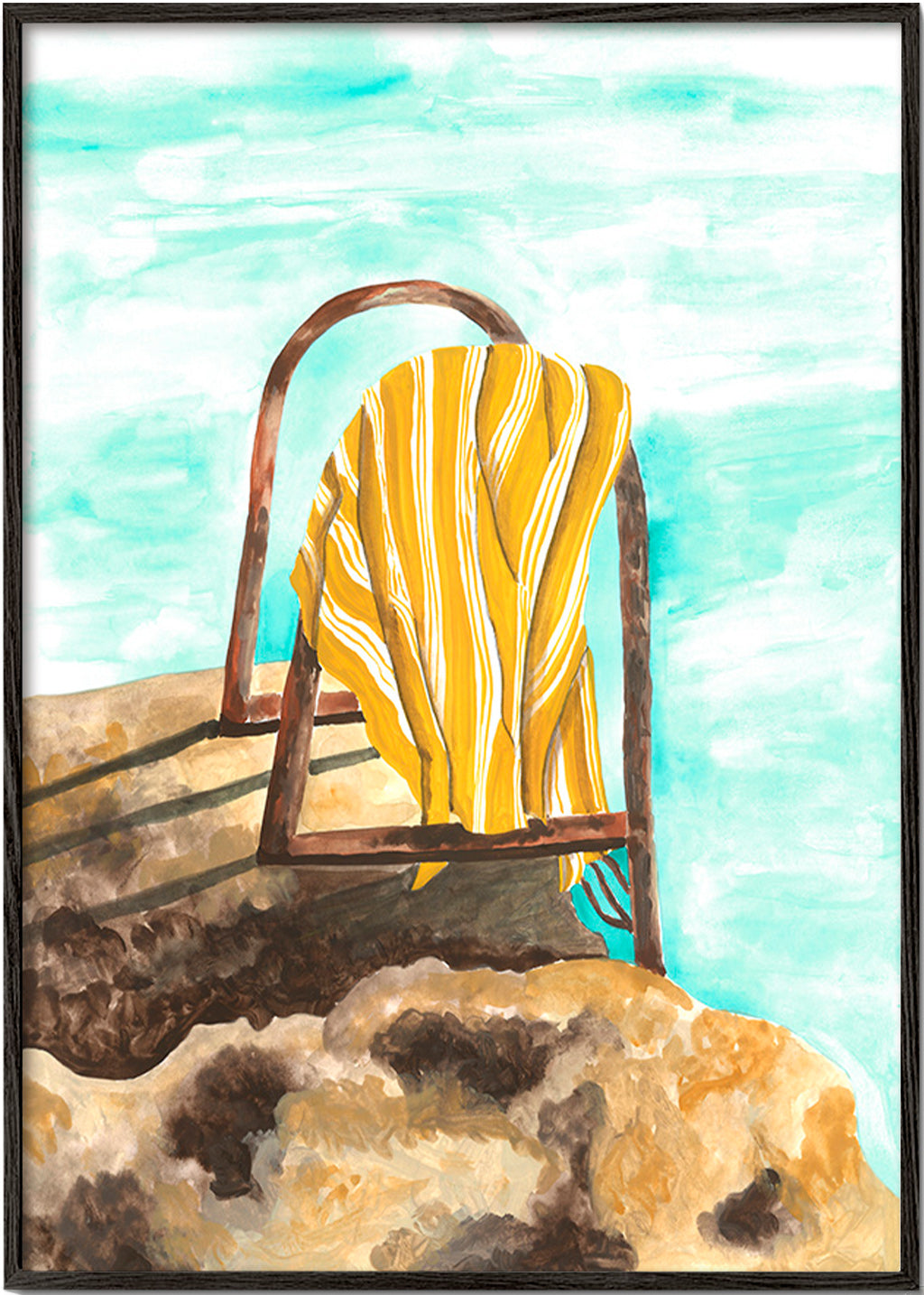 Cuadro de paisaje con escalera y toalla – Black Frame