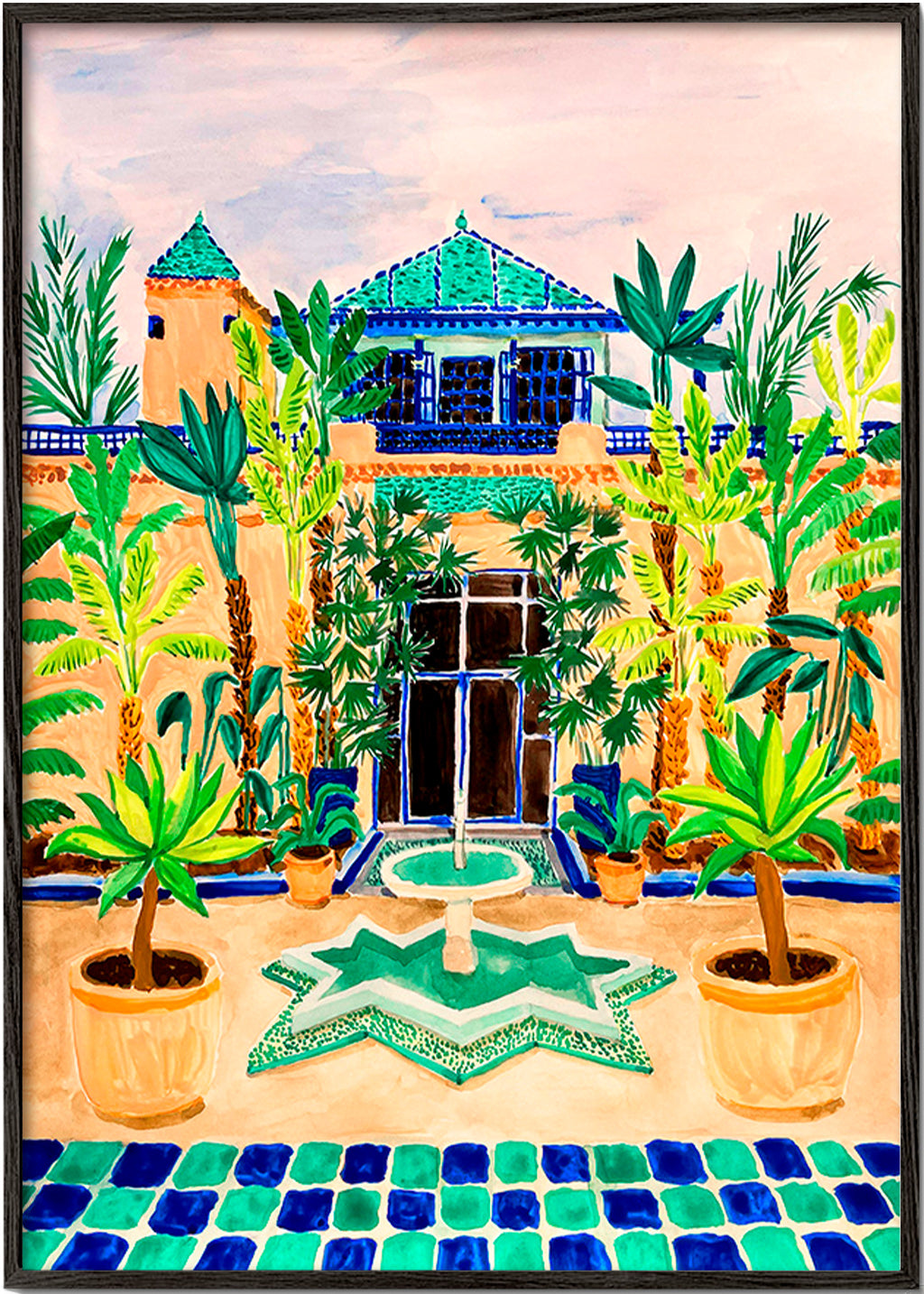 Lámina botánica Jardín con fuente y azulejos – Black Frame