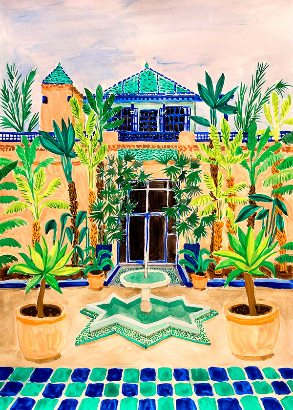 Lámina botánica Jardín con fuente y azulejos