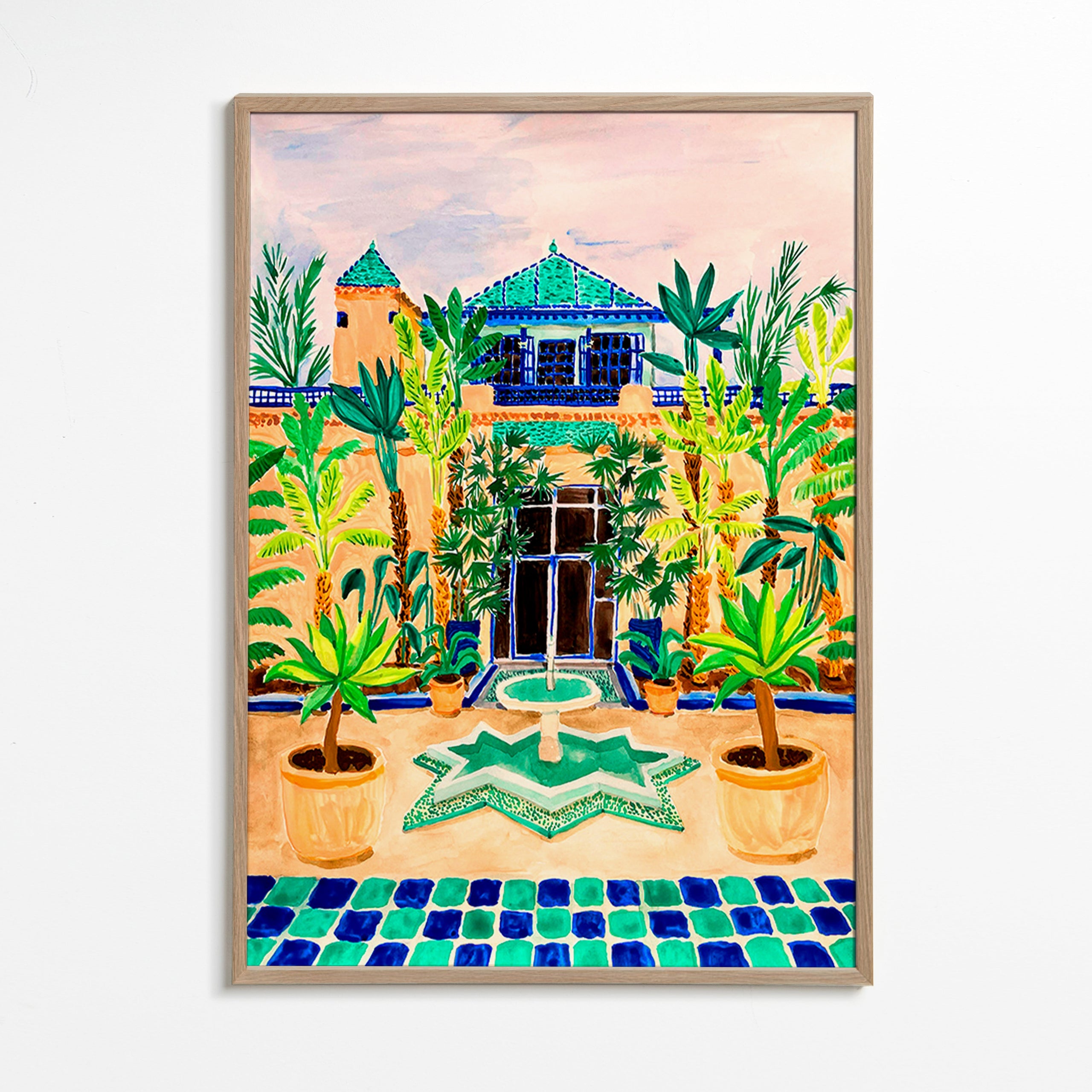 Lámina botánica Jardín con fuente y azulejos – Oak Frame