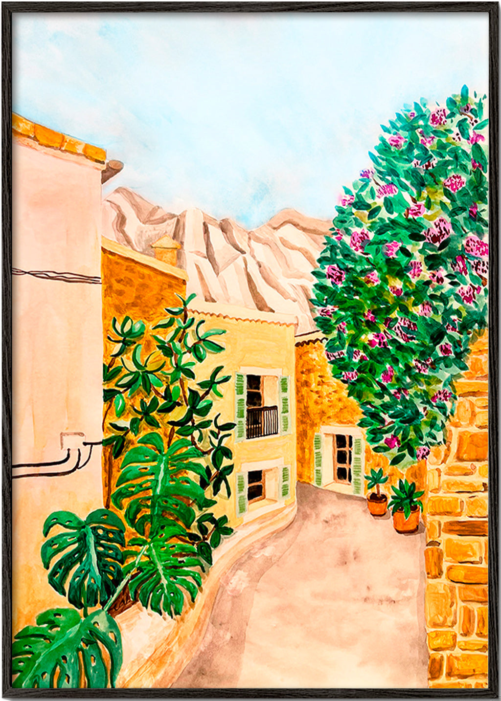 Cuadro de paisaje con calle mediterránea – Black Frame