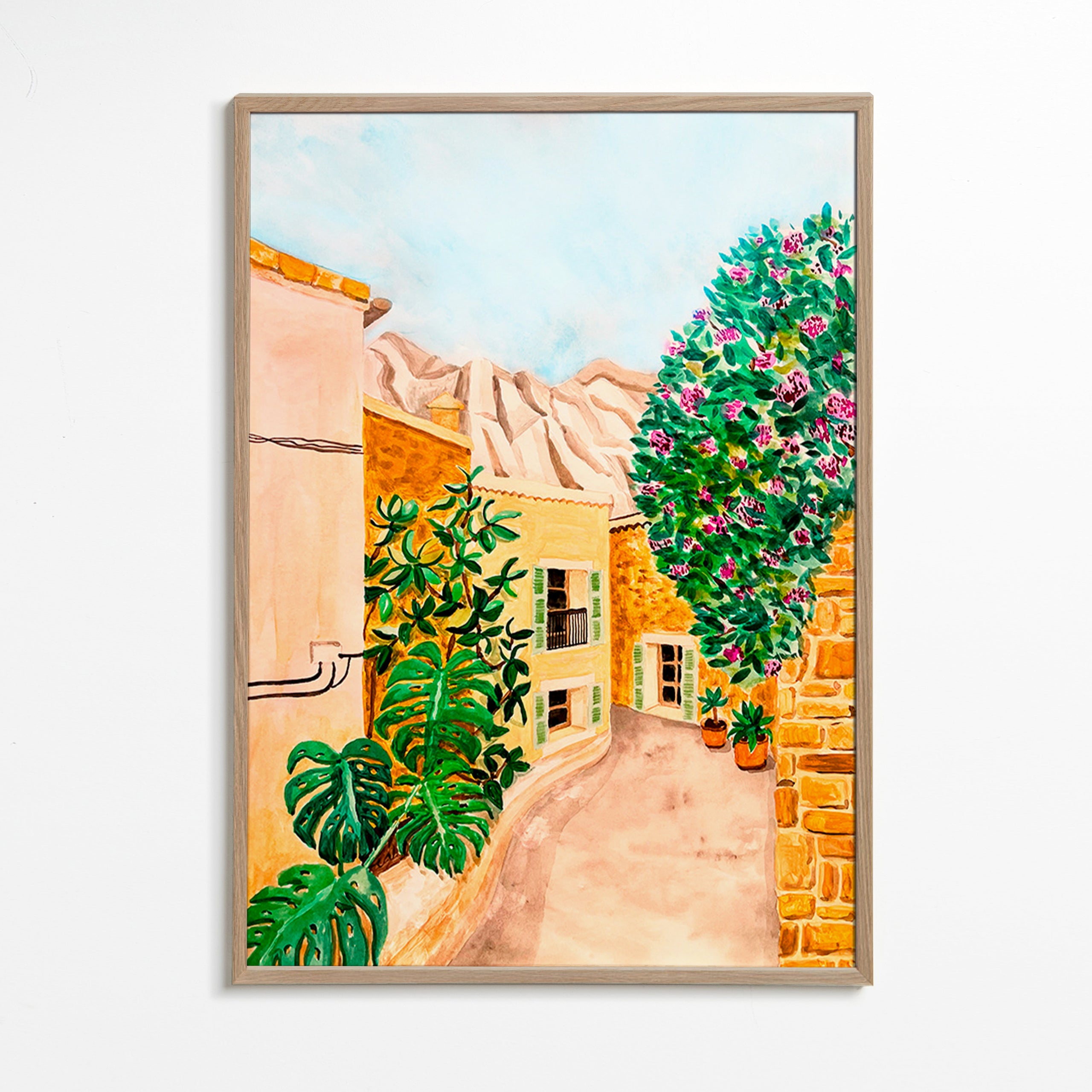 Cuadro de paisaje con calle mediterránea – Oak Frame