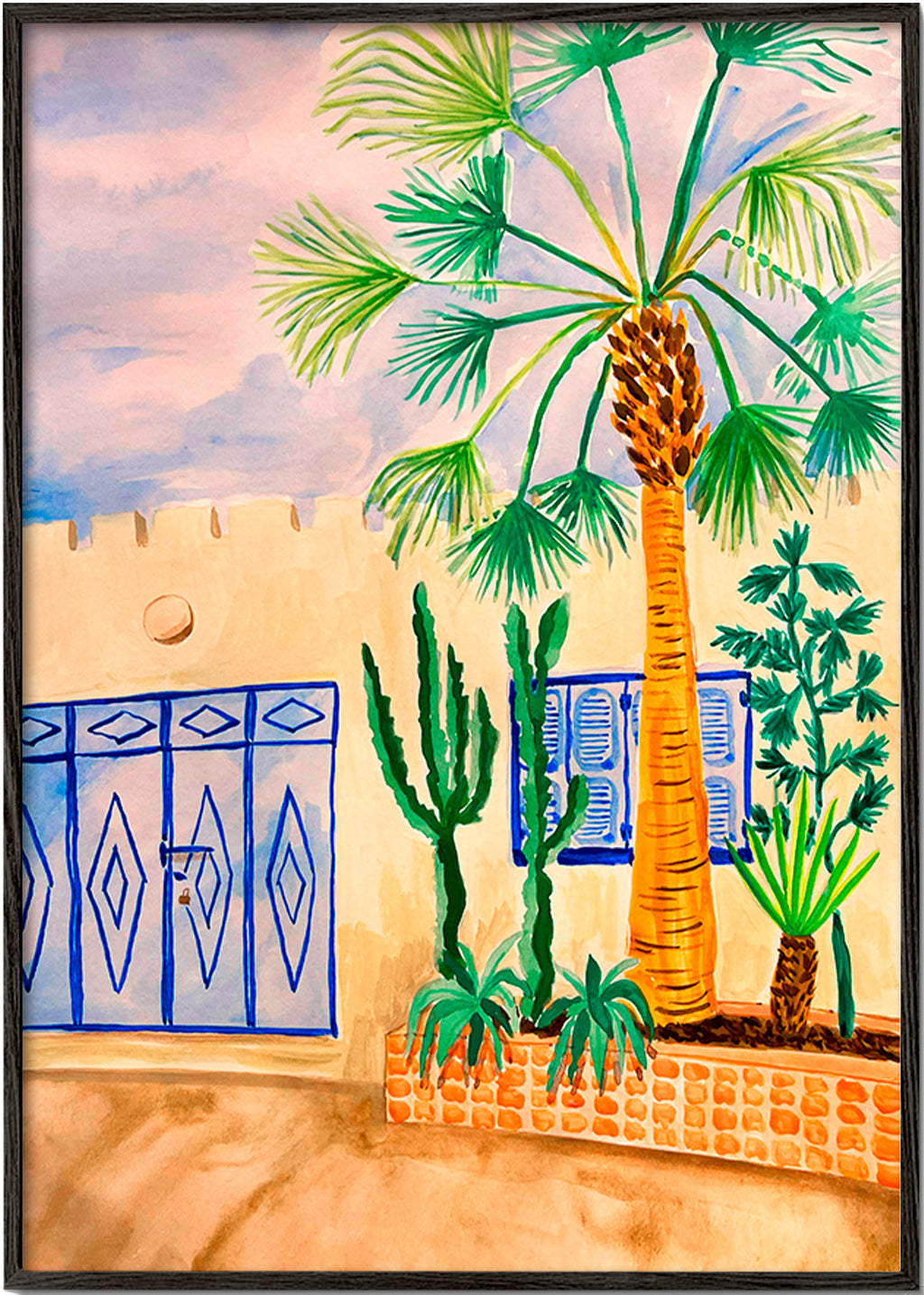 Cuadro de ciudades con calle marroquí y palmera – Black Frame