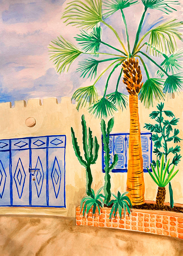 Cuadro de ciudades con calle marroquí y palmera