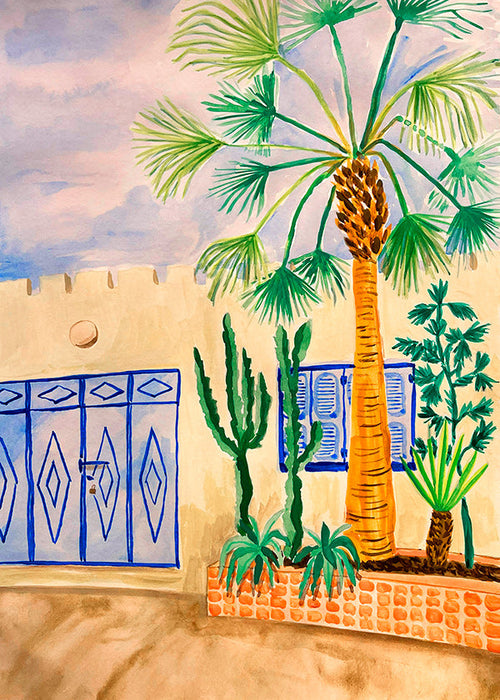 Cuadro de ciudades con calle marroquí y palmera
