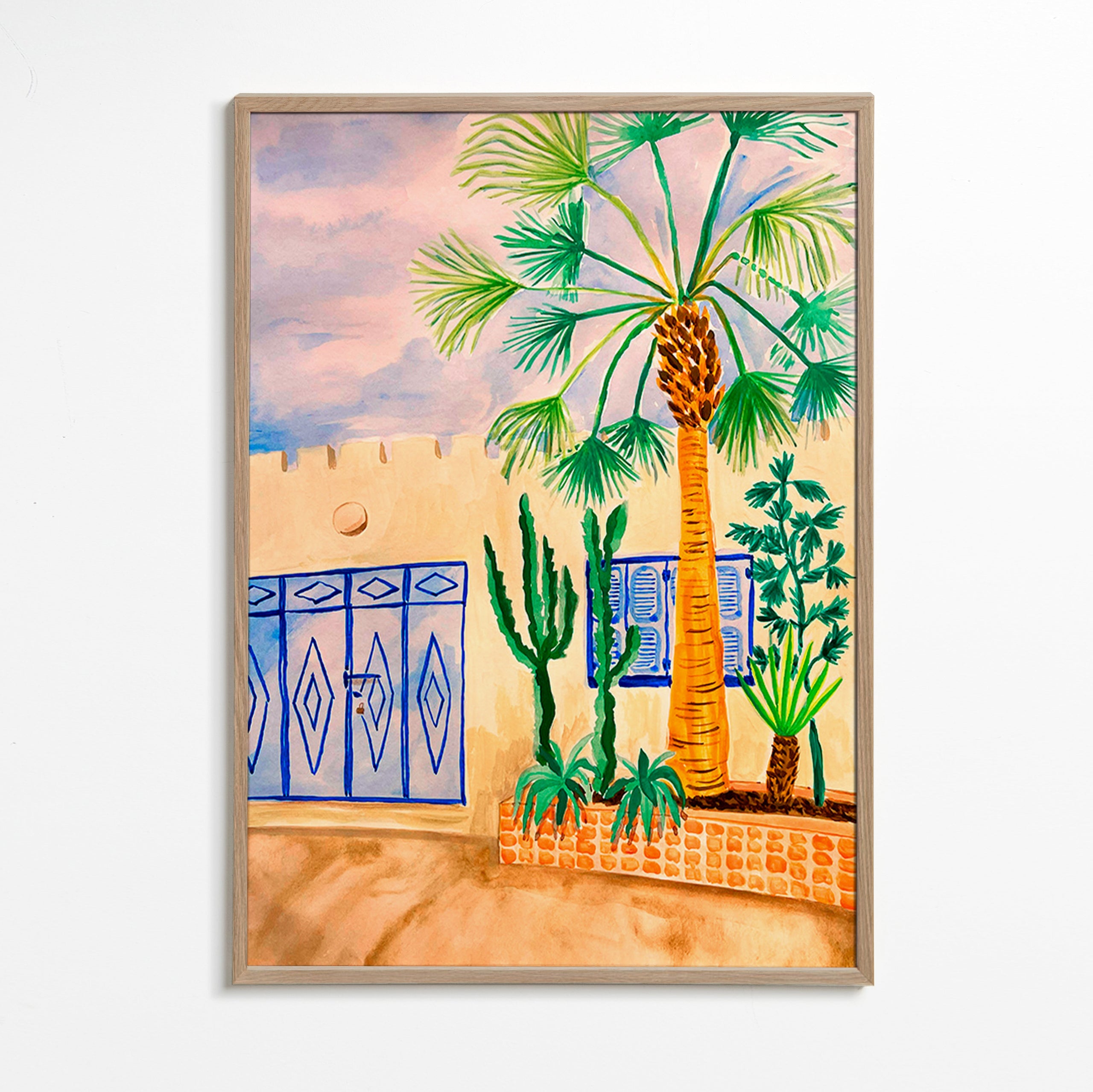 Cuadro de ciudades con calle marroquí y palmera – Oak Frame