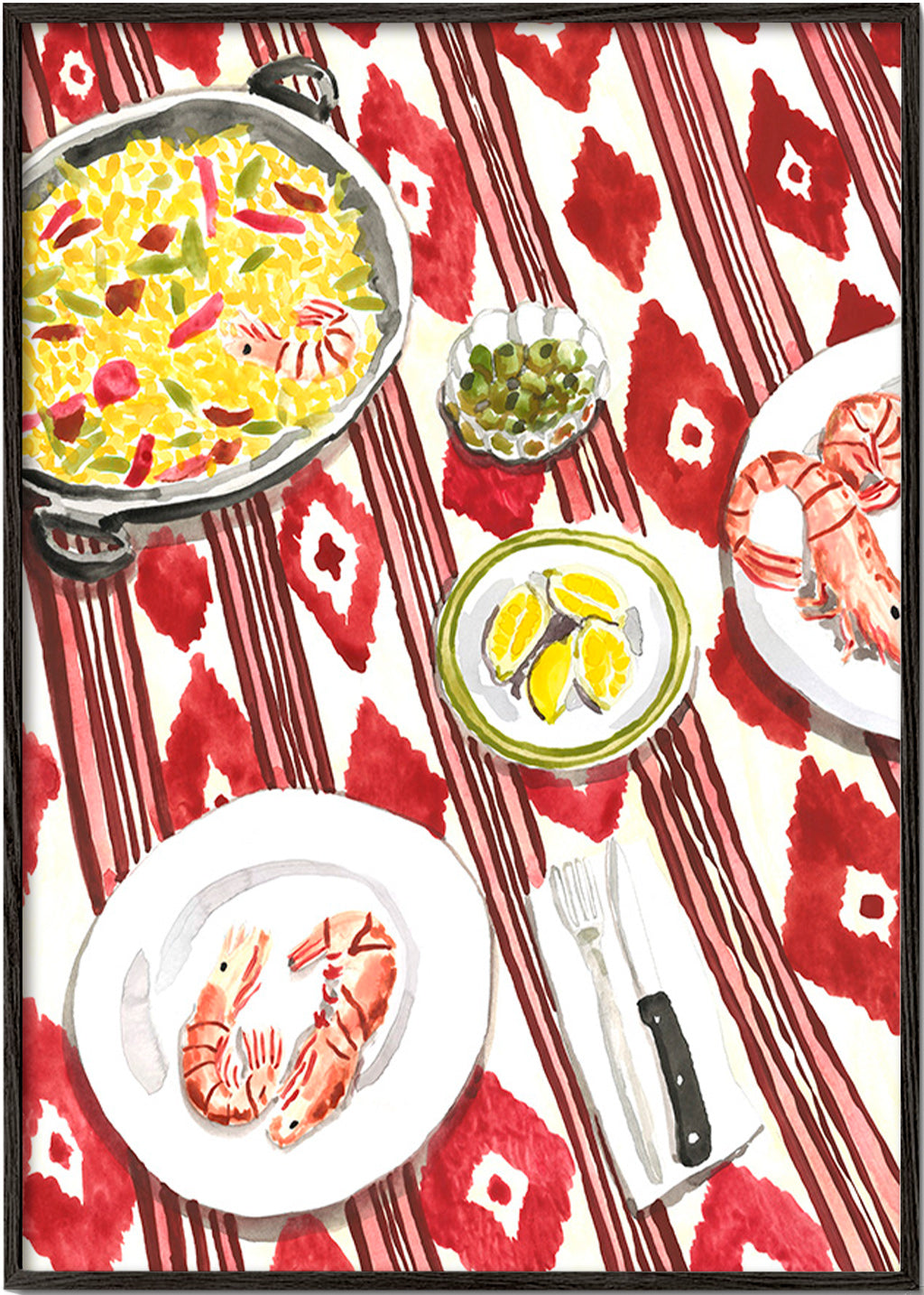 Cuadro de cocina: paella y gambas sobre mantel rojo – Black Frame