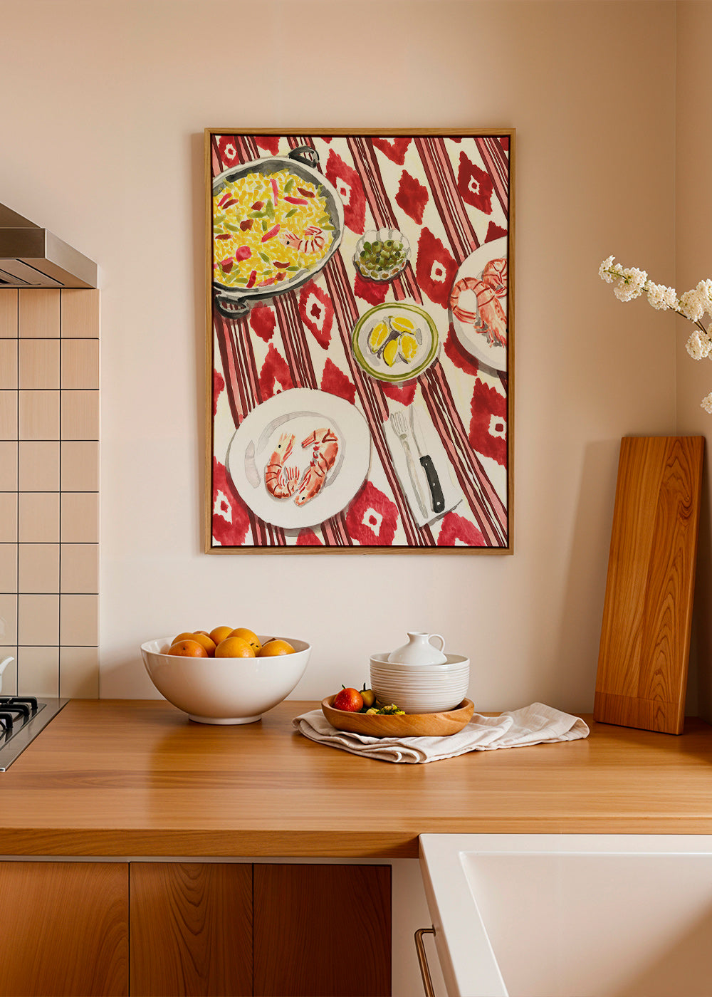 Cuadro de cocina: paella y gambas sobre mantel rojo – Canvas1