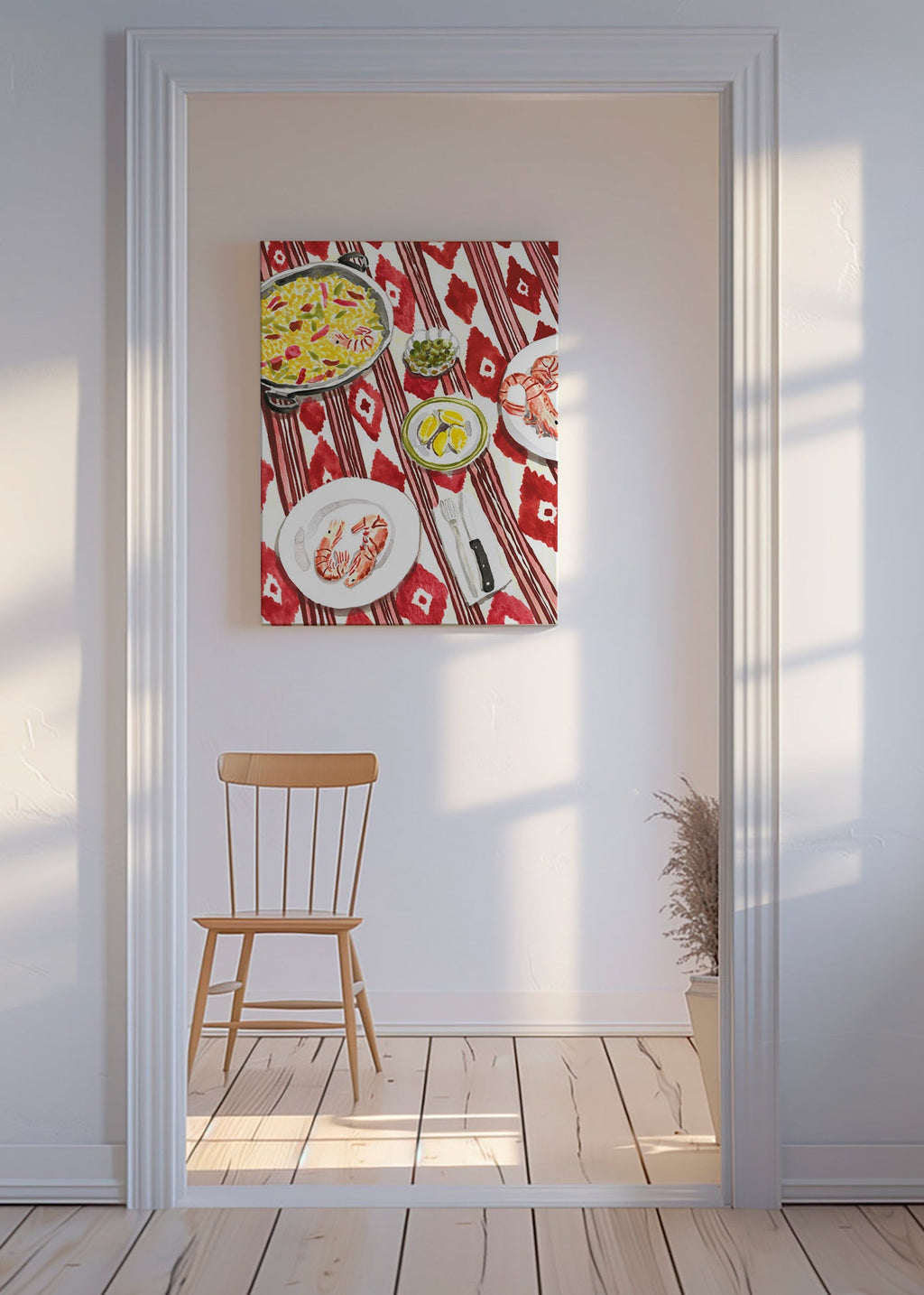 Cuadro de cocina: paella y gambas sobre mantel rojo – Canvas