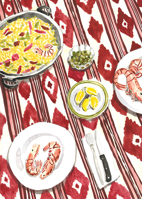 Cuadro de cocina: paella y gambas sobre mantel rojo