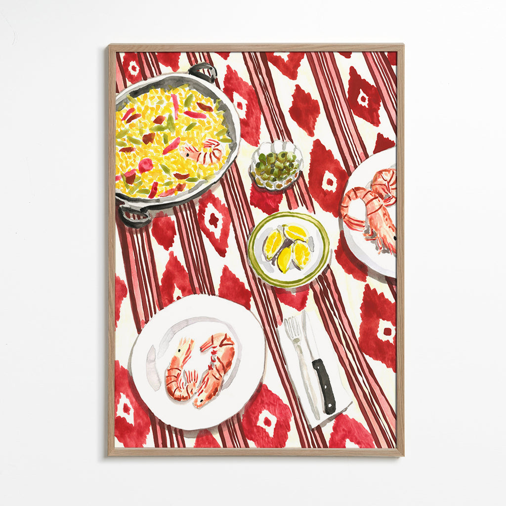 Cuadro de cocina: paella y gambas sobre mantel rojo – Oak Frame