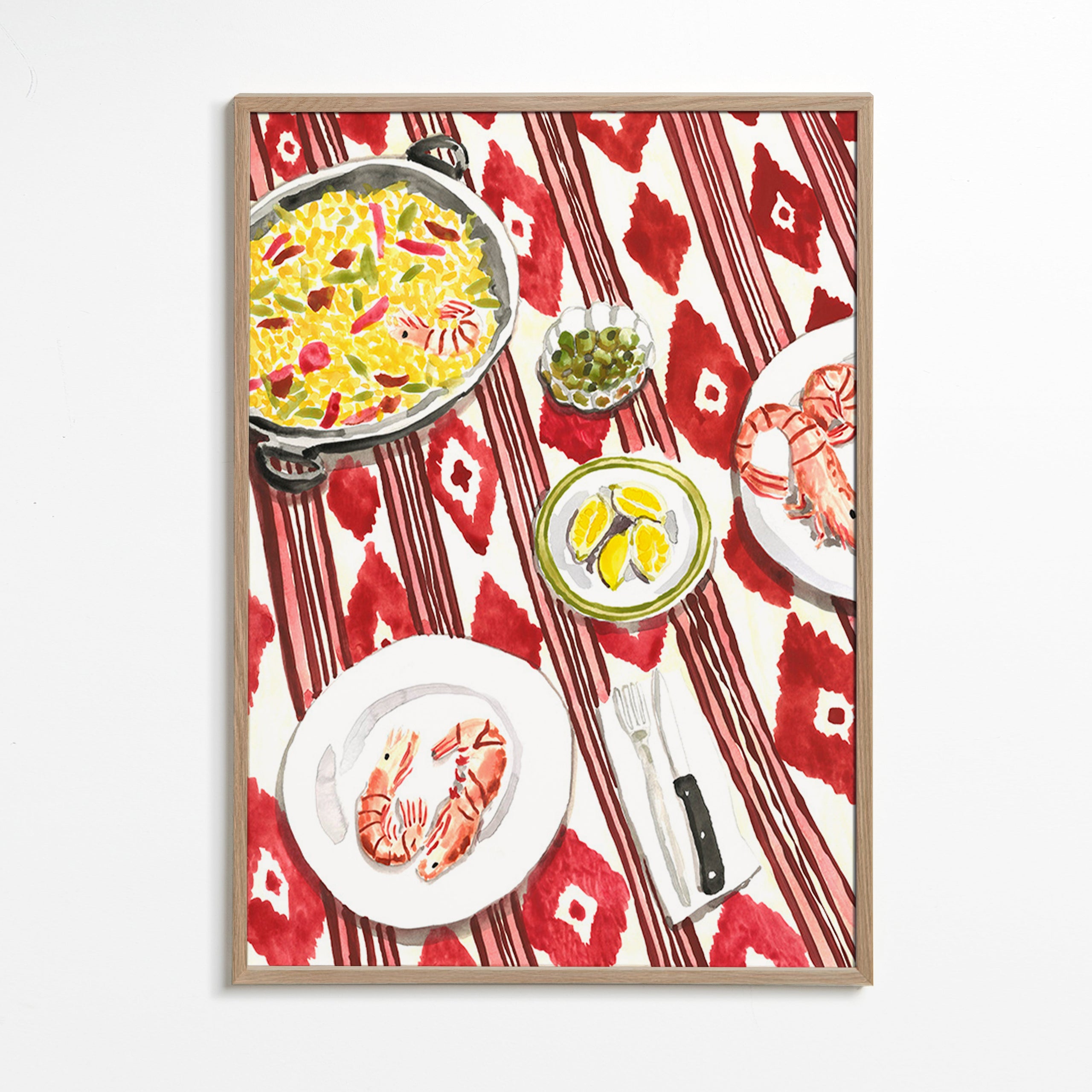 Cuadro de cocina: paella y gambas sobre mantel rojo – Oak Frame