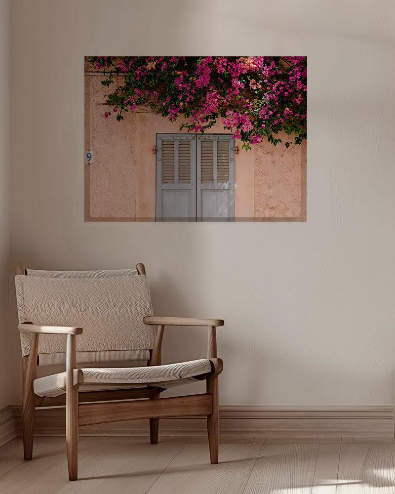 Lámina botánica con buganvillas sobre puerta antigua – Canvas