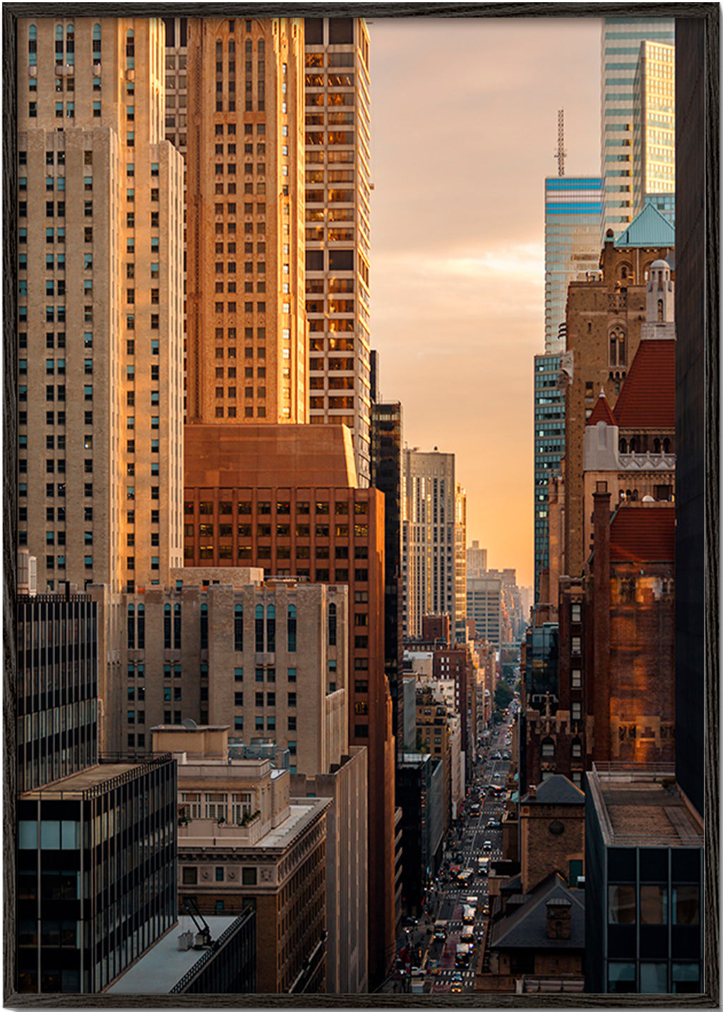Cuadro de ciudades con skyline al amanecer – Black Frame