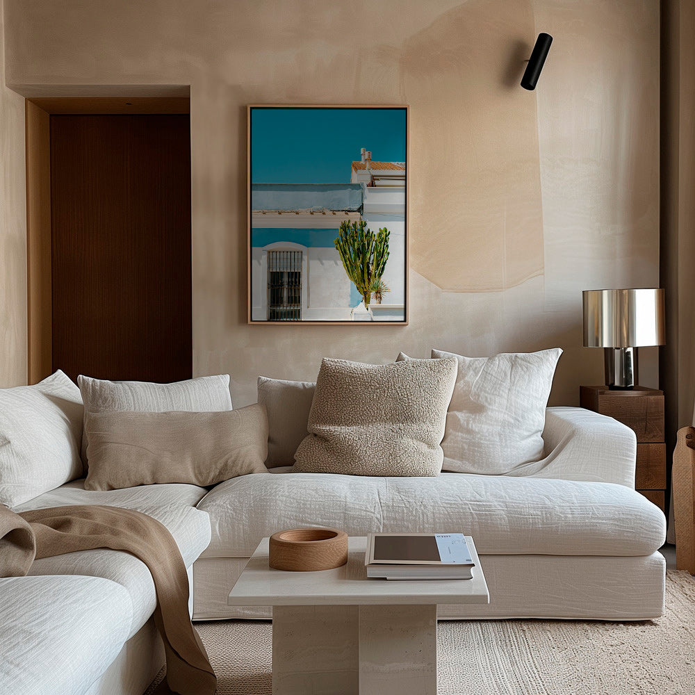 Lámina botánica: fachada mediterránea con cactus – Canvas1