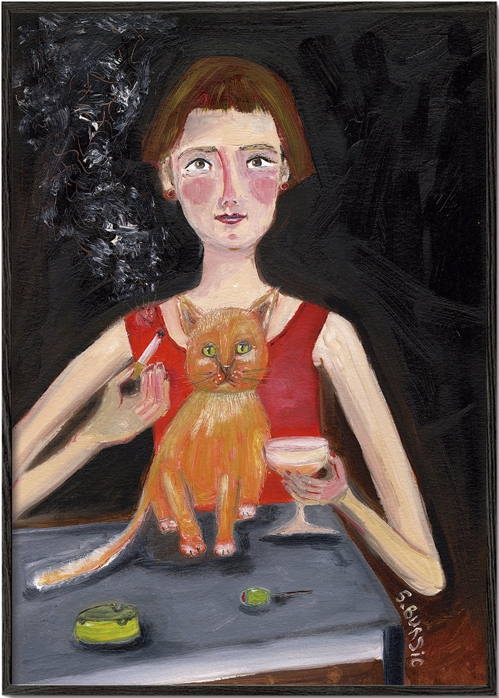 Vintage woman with cocktail and cat