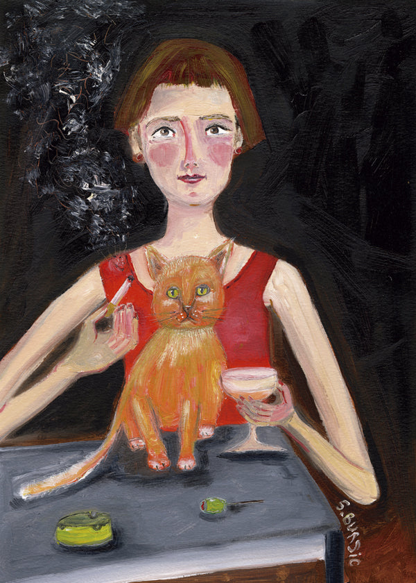 Vintage woman with cocktail and cat
