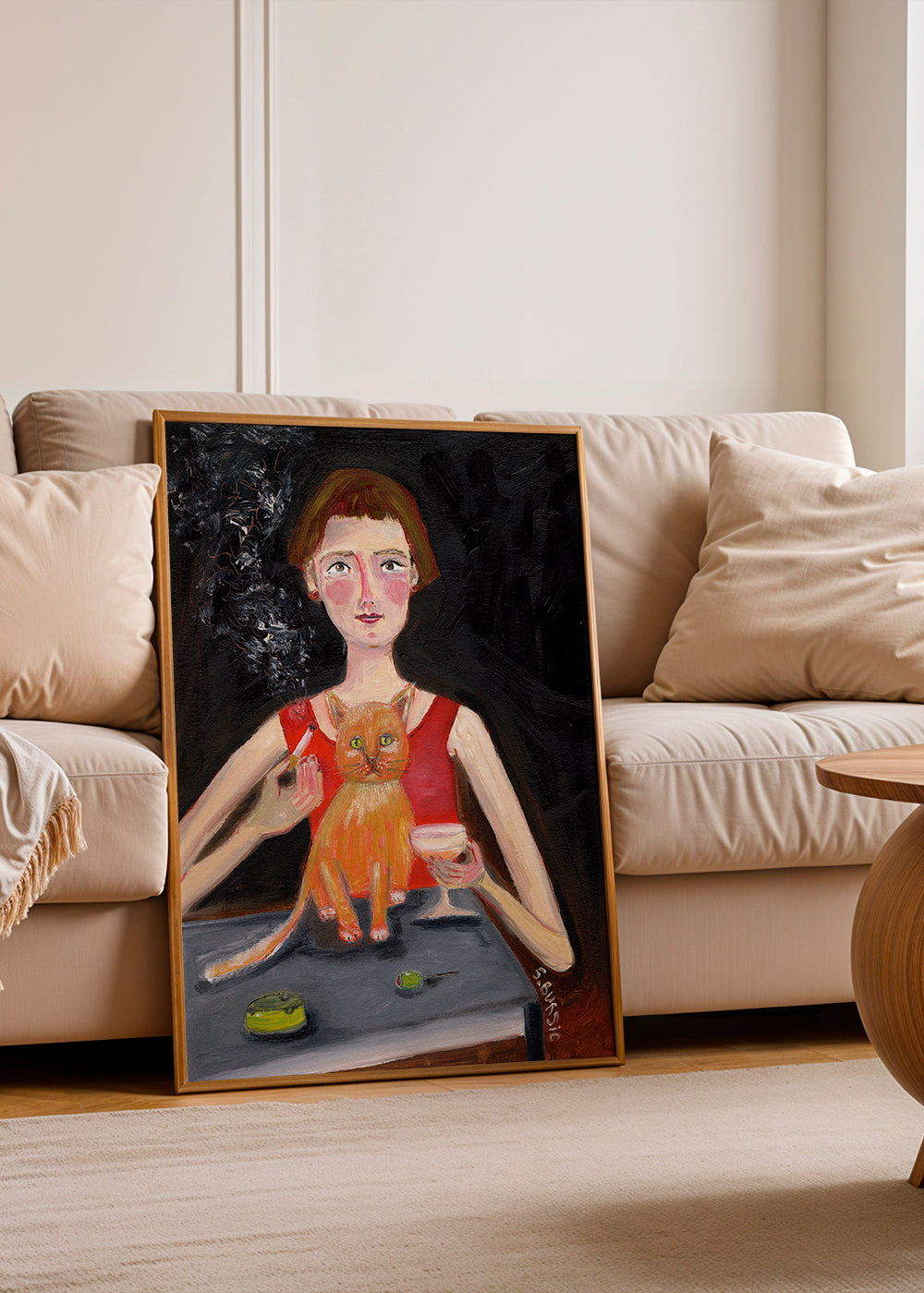 Vintage woman with cocktail and cat