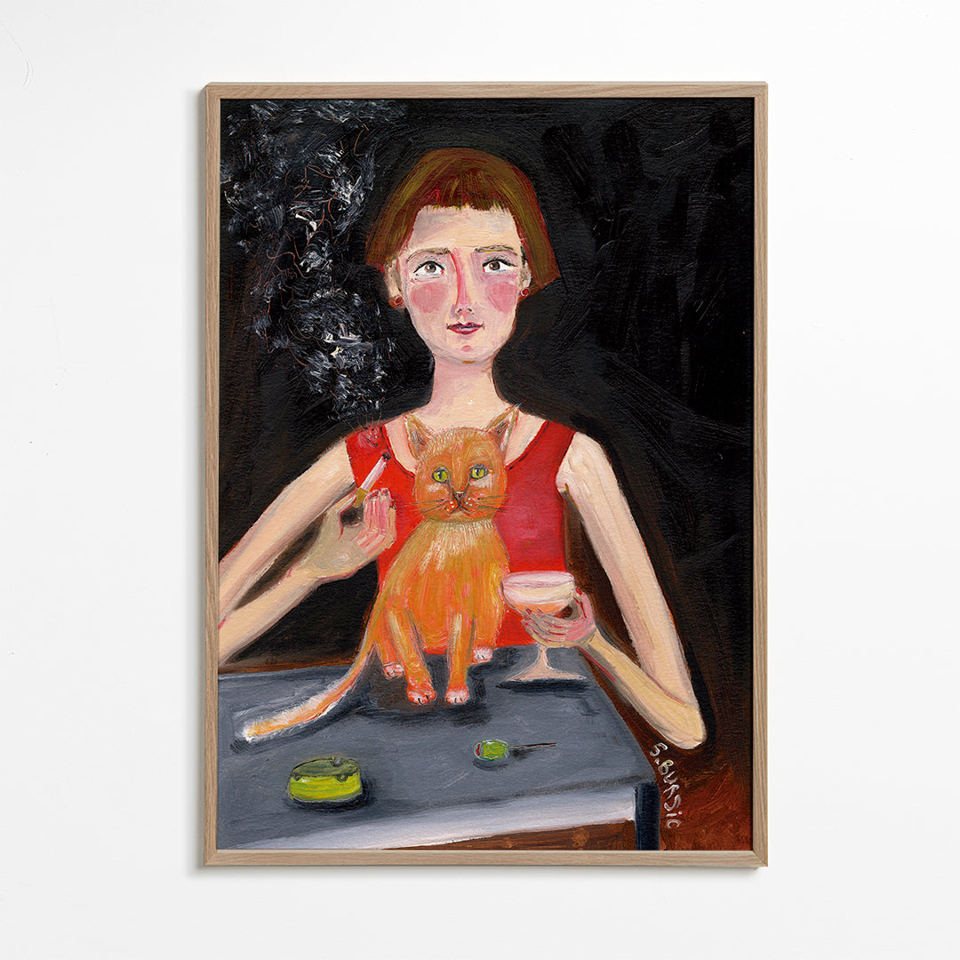 Vintage woman with cocktail and cat