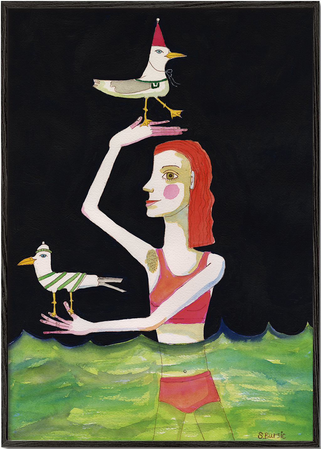 Swimming Lady with birds