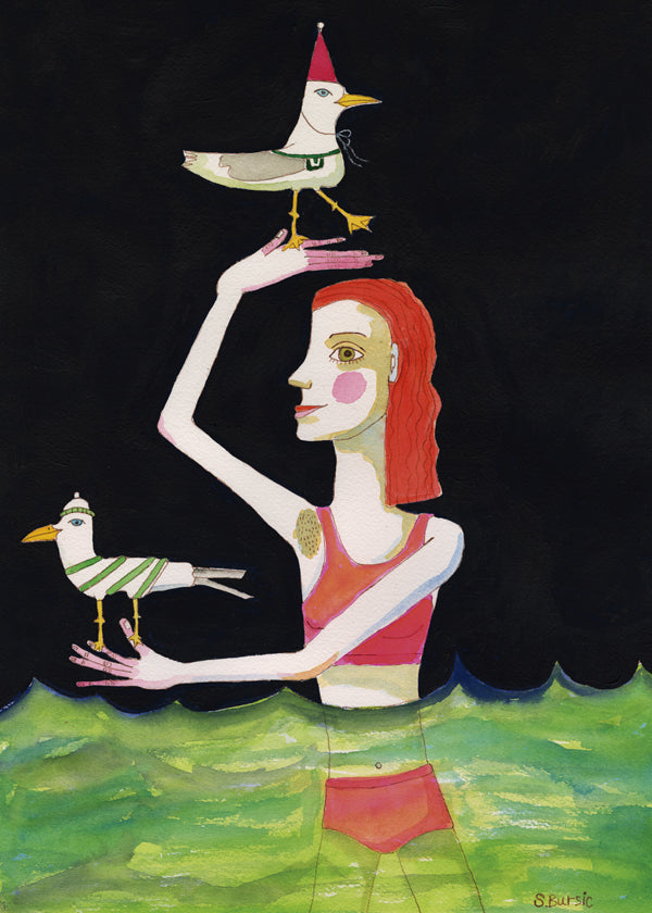 Swimming Lady with birds