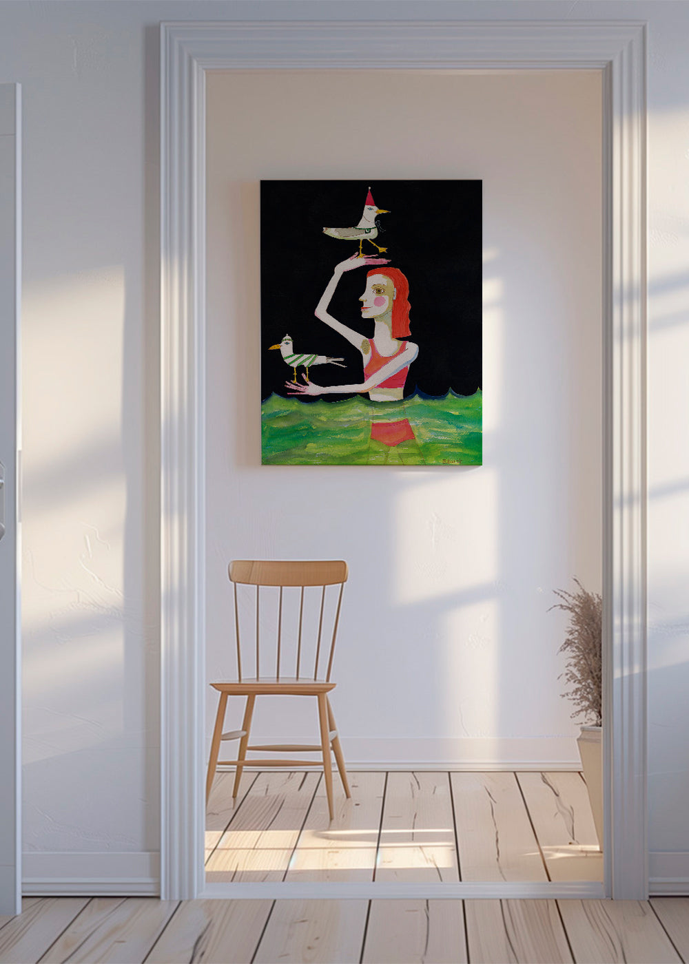 Swimming Lady with birds