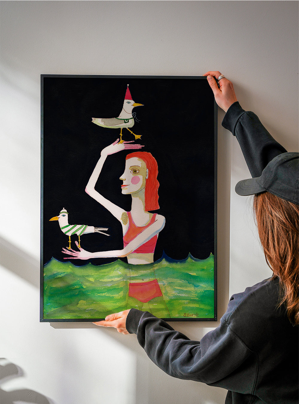 Swimming Lady with birds