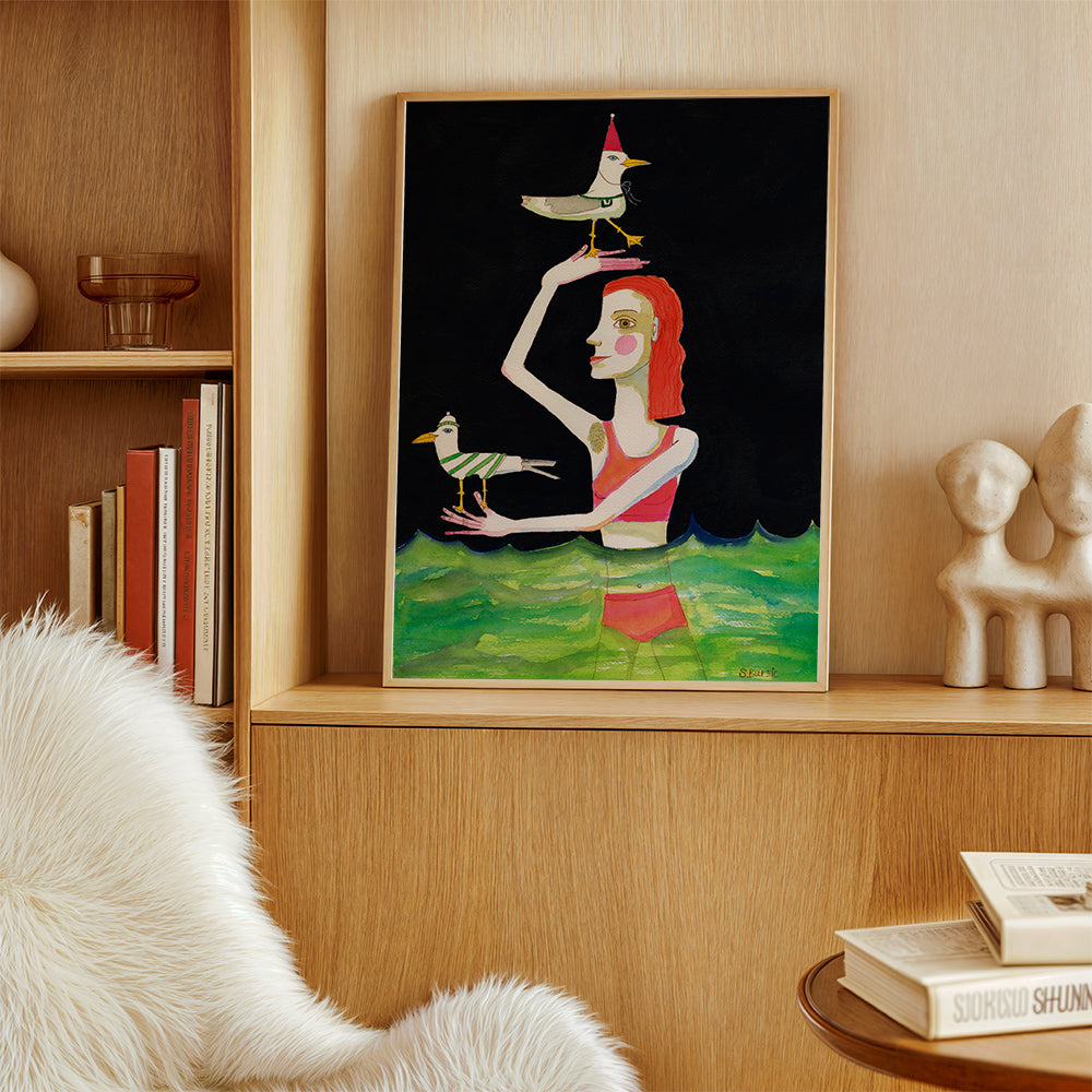 Swimming Lady with birds