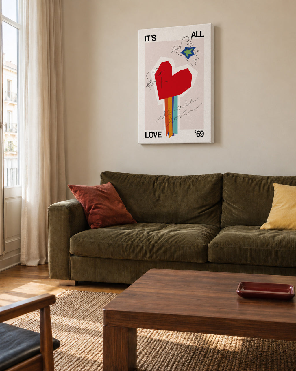 It's All Love '69 Heart Greige - Unframed canvas in an interior