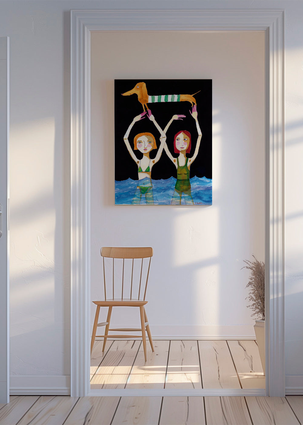 Swimming Girls with Sausage Dog