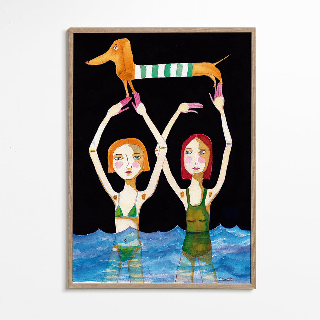 Swimming Girls with Sausage Dog