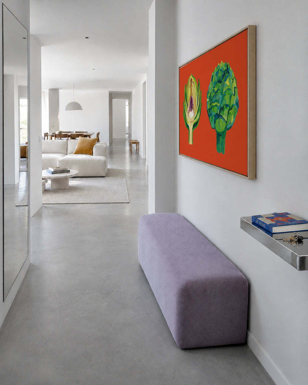Artichokes On Orange - Framed canvas in an interior
