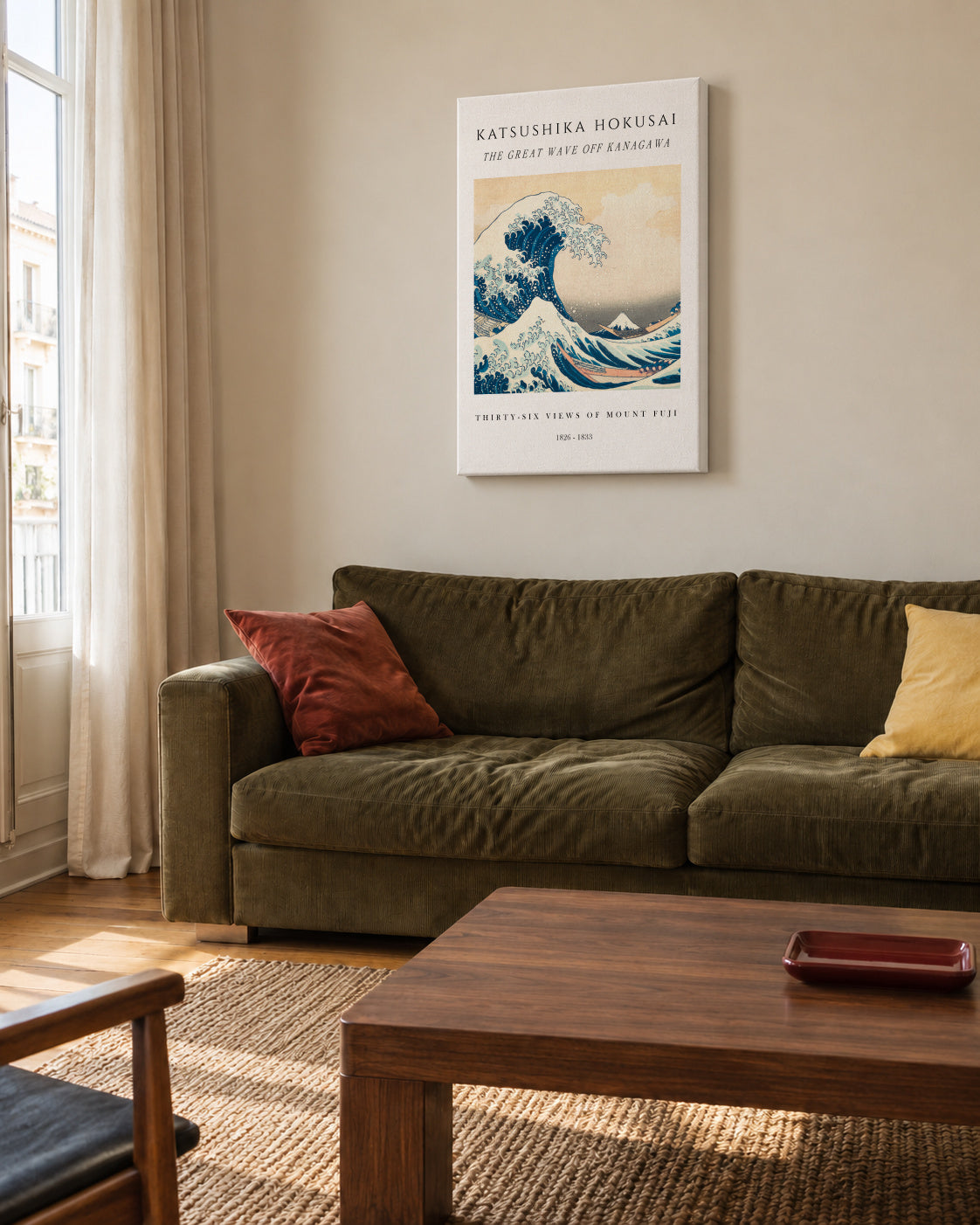 The Great Wave of Kanagawa Exhibition White - Katsushika Hokusai - Unframed canvas in an interior
