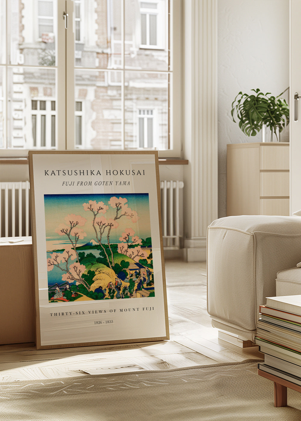 Fuji from Goten Yama Exhibition White - Katsushika Hokusai - Framed poster in an interior