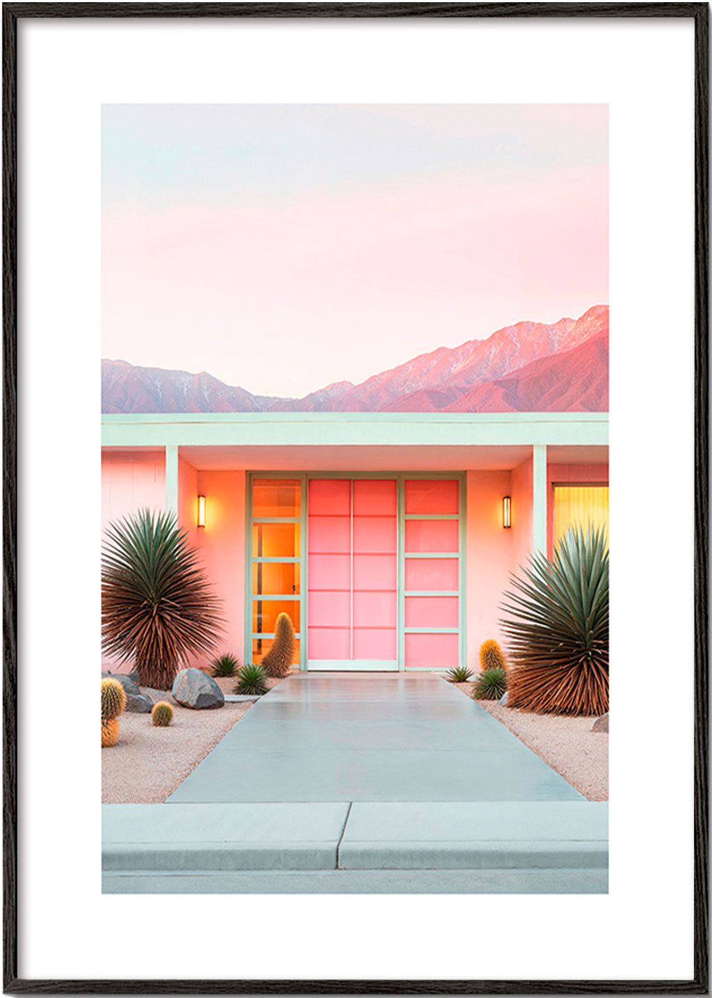 Lámina botánica Palm Springs en rosa – Black Frame