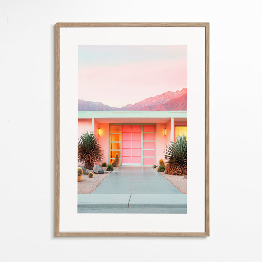 Lámina botánica Palm Springs en rosa – Oak Frame