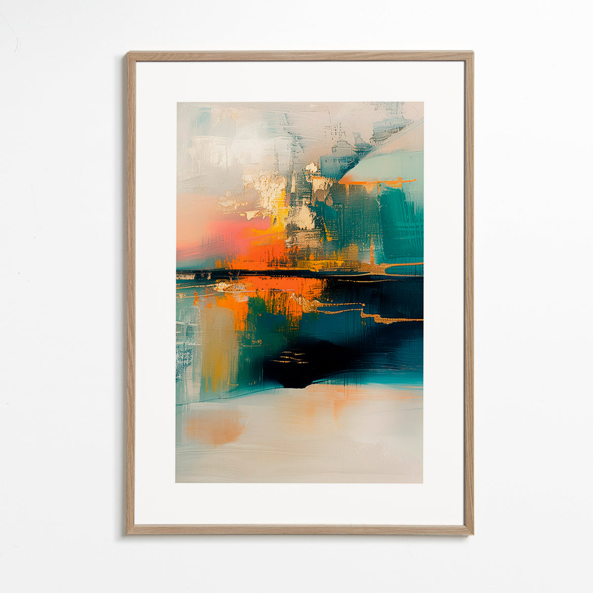 Cuadro abstracto con reflejos acuáticos – Oak Frame