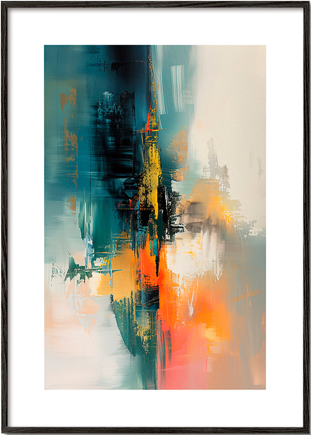 Cuadro abstracto vertical con trazos azul y naranja – Black Frame