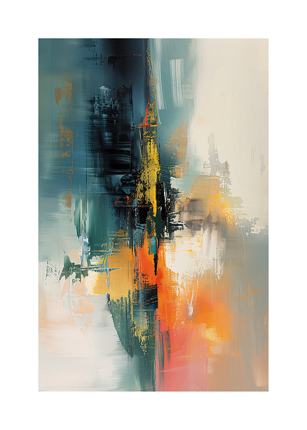 Cuadro abstracto vertical con trazos azul y naranja