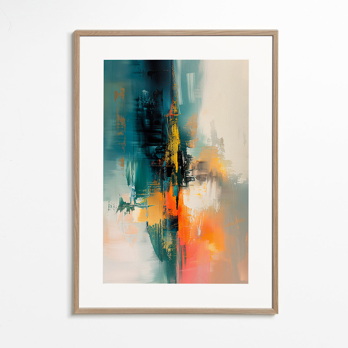 Cuadro abstracto vertical con trazos azul y naranja – Oak Frame