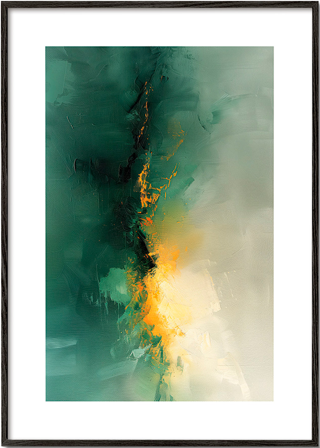 Cuadro abstracto verde y dorado - Crepúsculo – Black Frame
