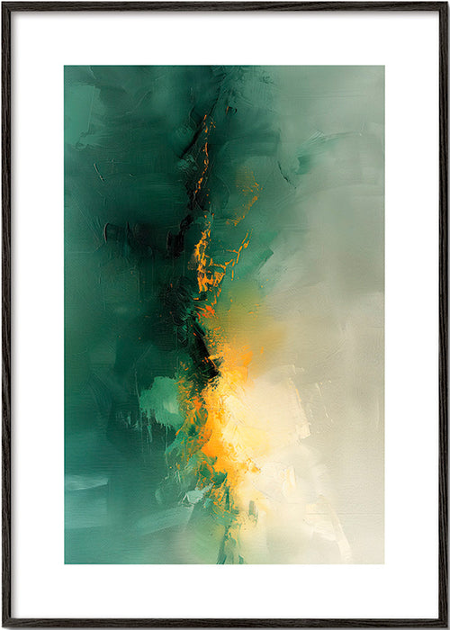 Cuadro abstracto verde y dorado - Crepúsculo – Black Frame
