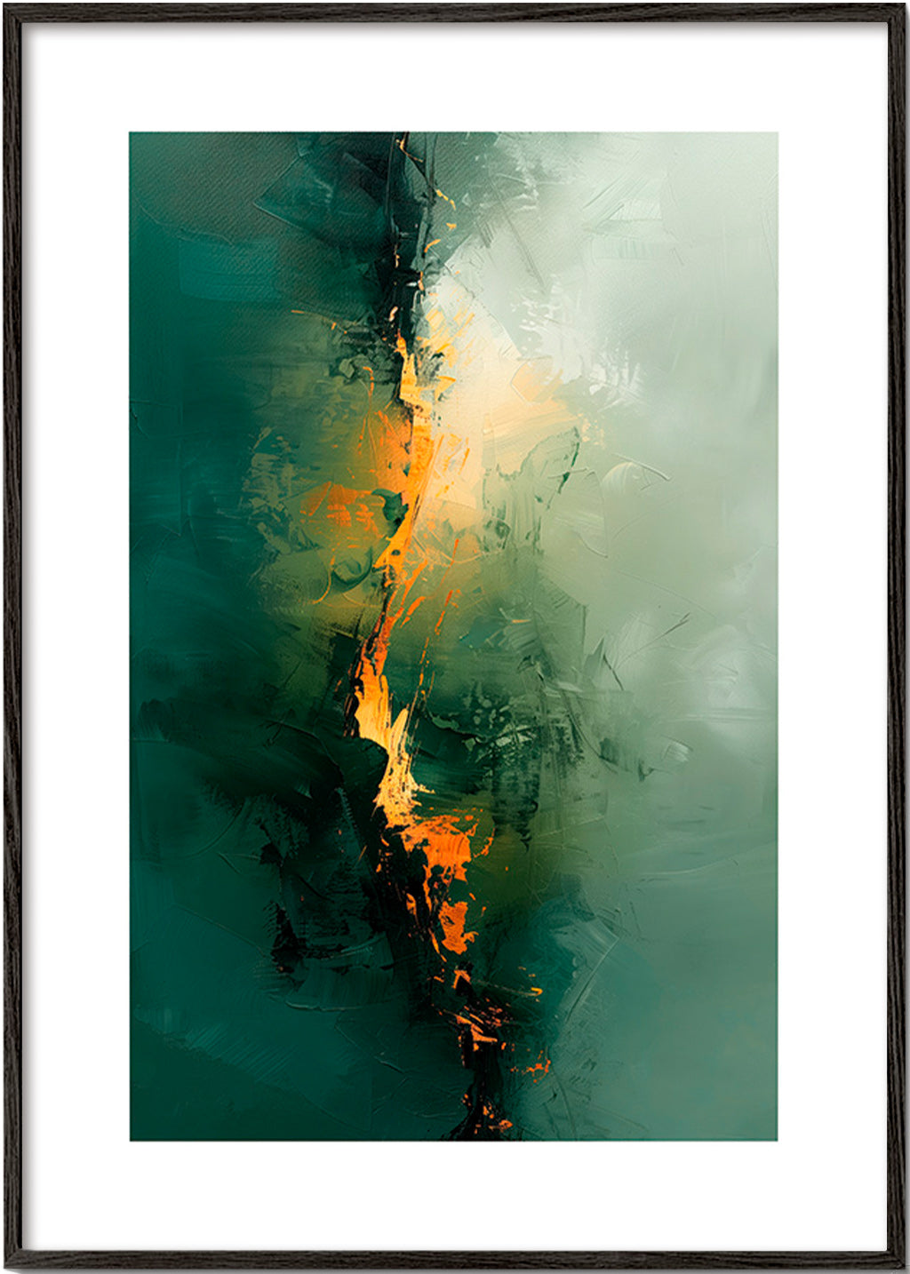 Cuadro abstracto con vetas verdes y acentos naranja – Black Frame