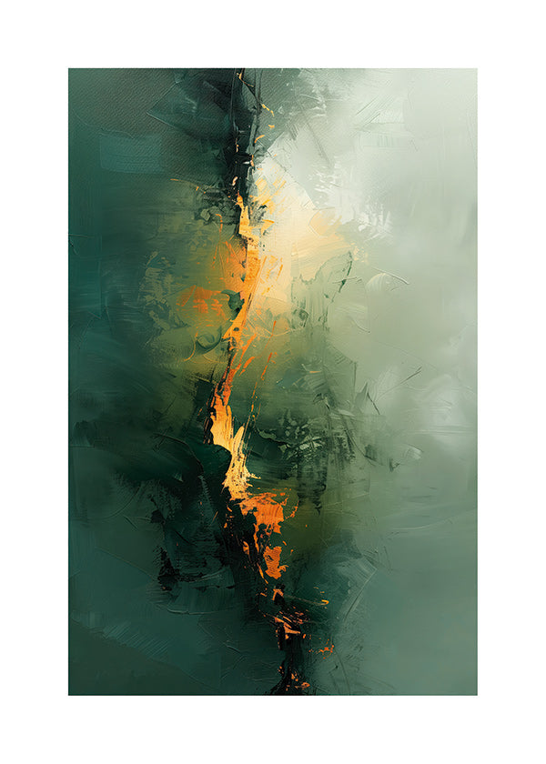 Cuadro abstracto con vetas verdes y acentos naranja