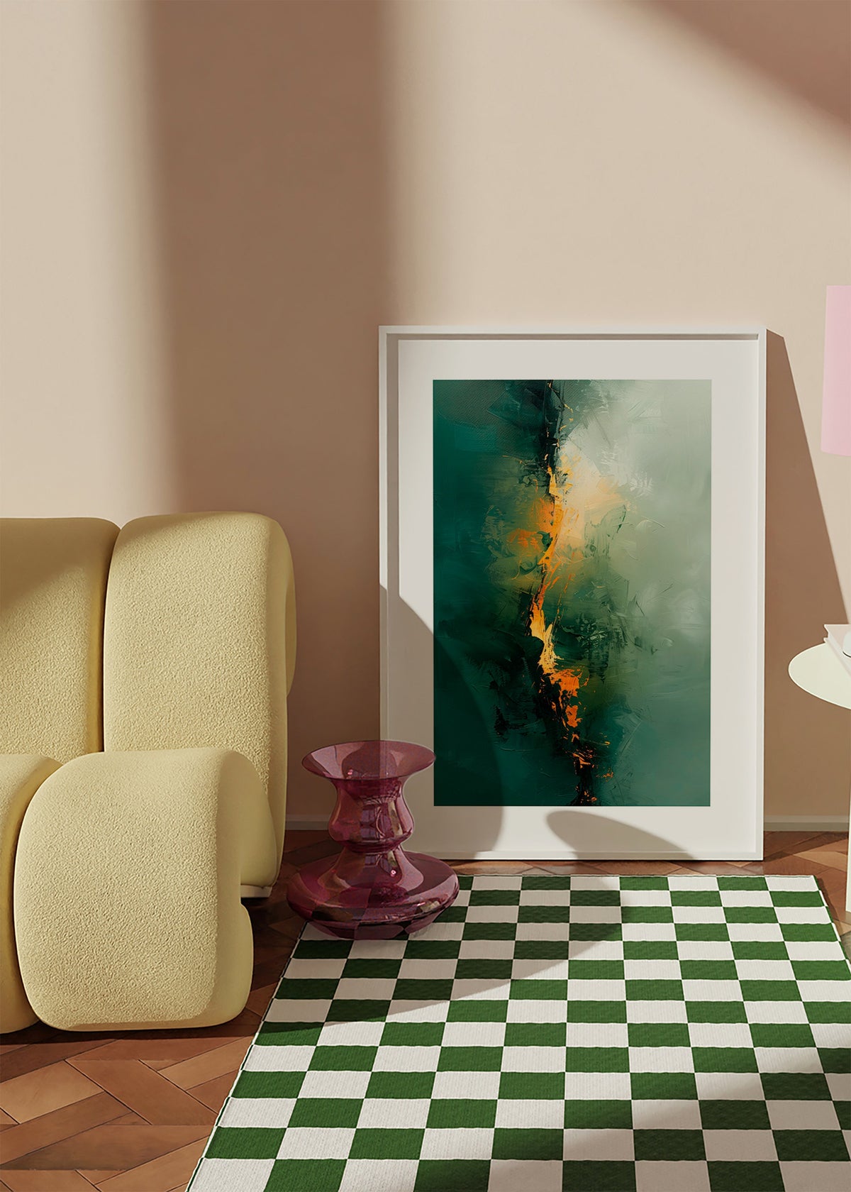 Cuadro abstracto con vetas verdes y acentos naranja – Product1