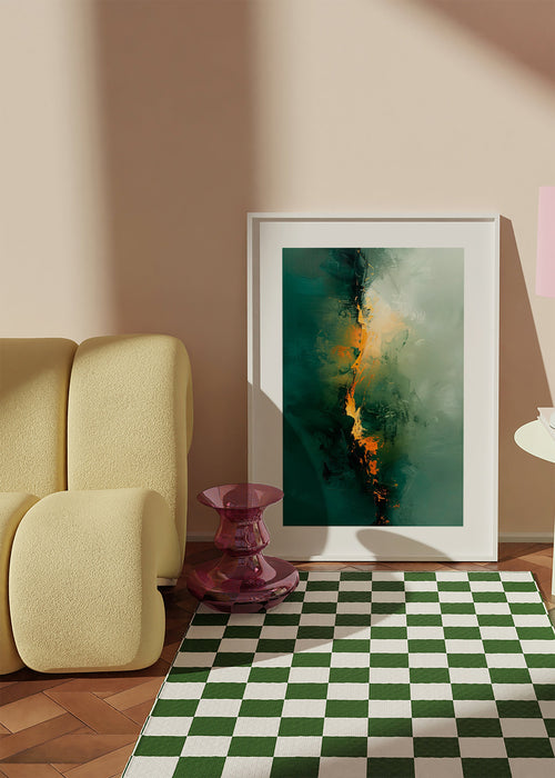 Cuadro abstracto con vetas verdes y acentos naranja – Product1