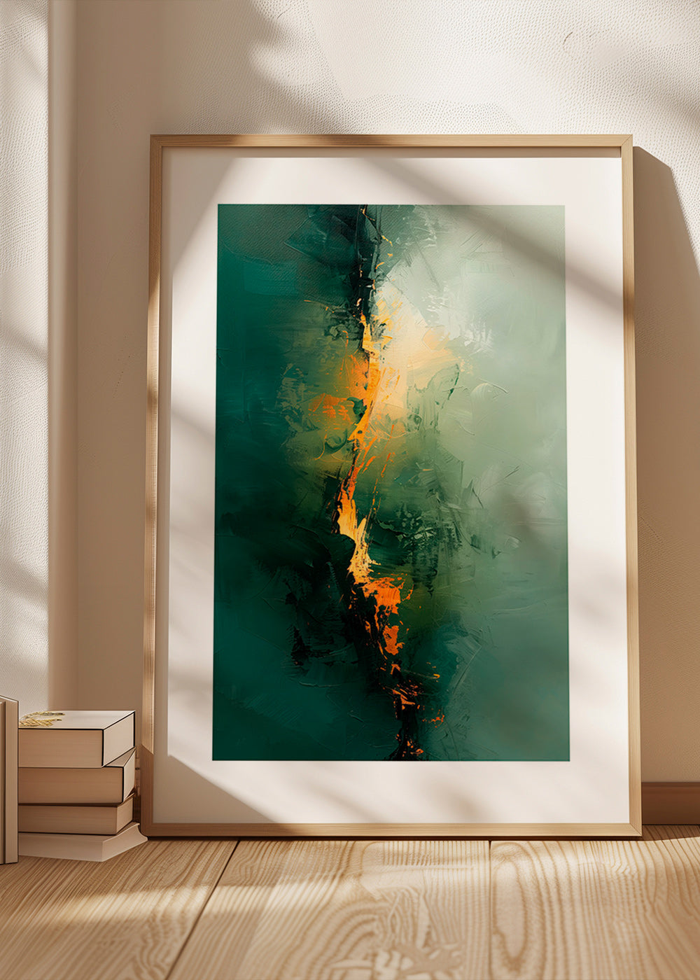 Cuadro abstracto con vetas verdes y acentos naranja – Product2