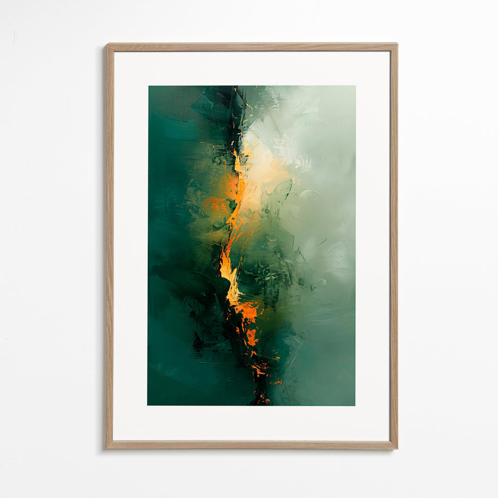 Cuadro abstracto con vetas verdes y acentos naranja – Oak Frame