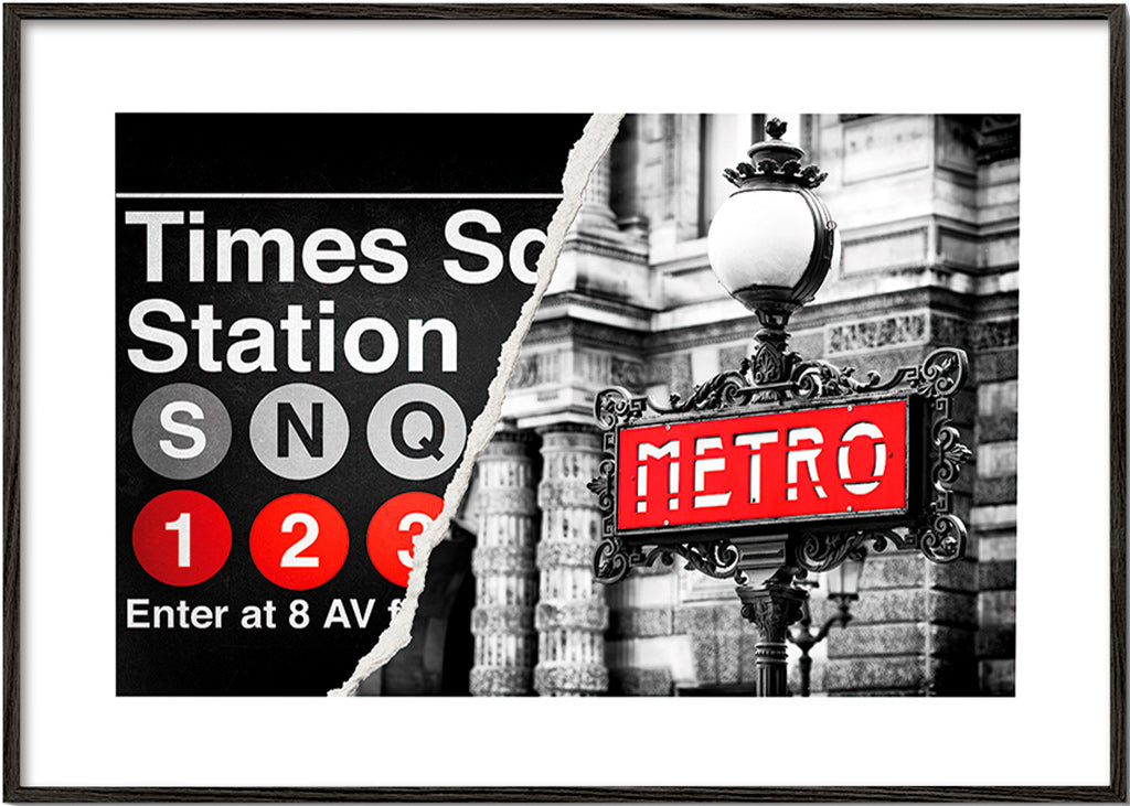 Cuadro de ciudades con letrero Metro en rojo – Black Frame